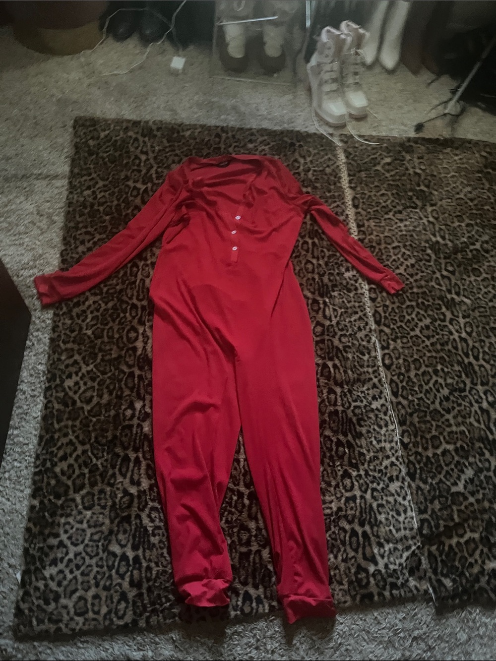 Red Long-Sleeve Henley Jumpsuit